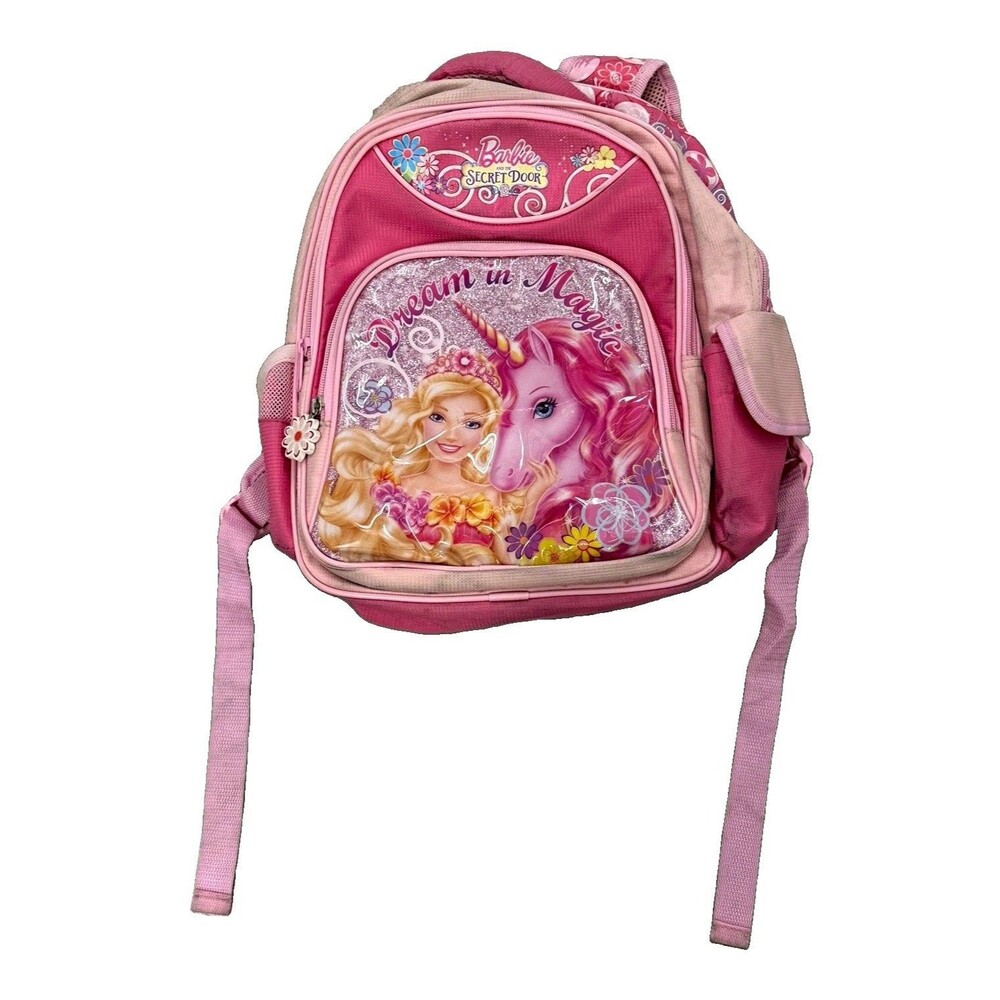 Barbie Secret Door Girls Small Pink Glitter Backpack Zip 12x10x4 Padded Pockets